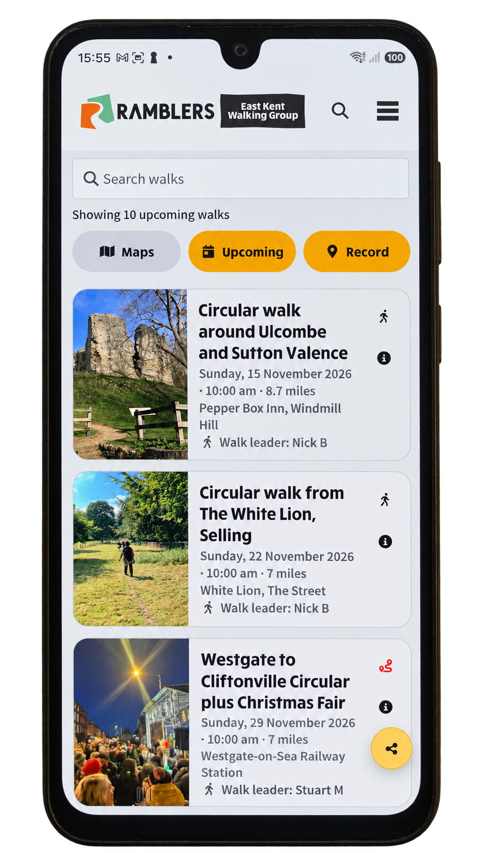 Illustration of upcoming walks in the native app on Android